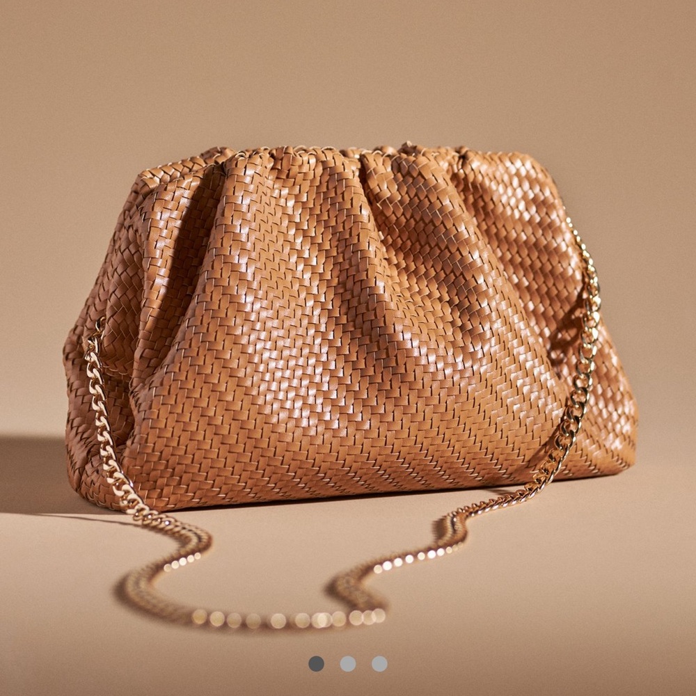 Anthropologie Tan Woven Clutch with Gold Chain